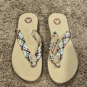 Air walk sandals with rainbow braided cloth strap